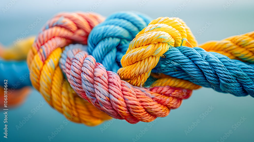 A thick multicolored rope, the strength of which varies in different parts, is stretched in different directions and tied in a knot. The meaning of partnership, teamwork, unity and support A thick multicolored rope, the strength of which varies in different parts, is stretched in different directions and tied in a knot. The meaning of partnership, teamwork, unity and support