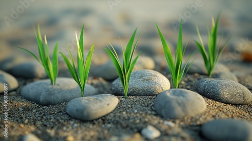 Grass sprouting from stones on the beach 