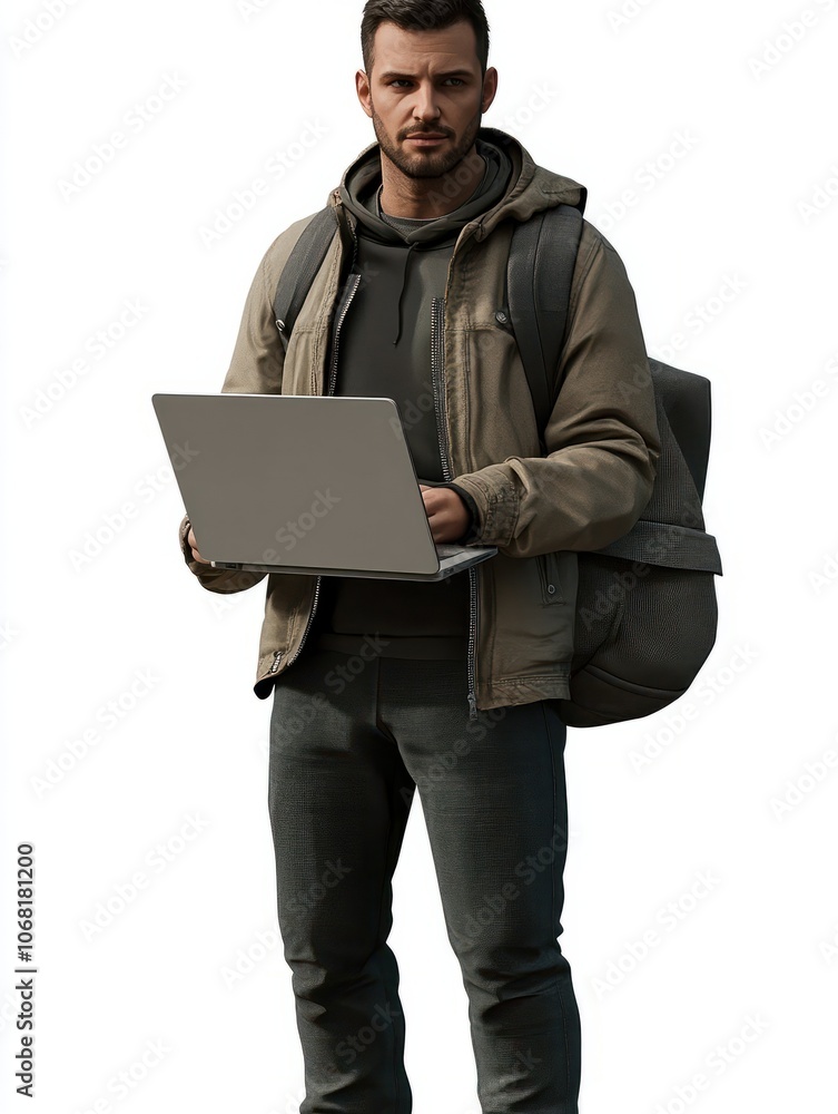 Man holding laptop png element, transparent background Man holding laptop png element, transparent background