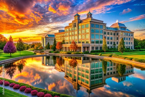 Captivating Portrait Photography of the Stunning Hershey Corporation Headquarters in Pennsylvania, Showcasing Its Architectural Beauty and Surrounding Scenic Landscape