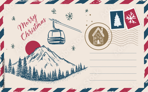 Christmas mail with mountains, postcard, hand drawn illustration.	