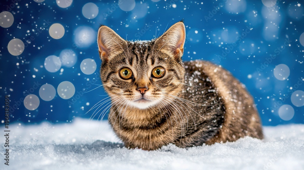 A playful tabby cat sits in the snow, surrounded by falling snowflakes and a blue background, capturing a whimsical winter moment. A playful tabby cat sits in the snow, surrounded by falling snowflakes and a blue background, capturing a whimsical winter moment.
