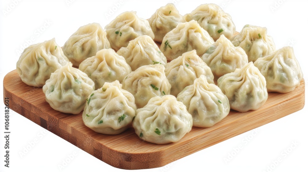 A wooden platter filled with neatly arranged dumplings, showcasing their delicate folds and green fillings. A wooden platter filled with neatly arranged dumplings, showcasing their delicate folds and green fillings.