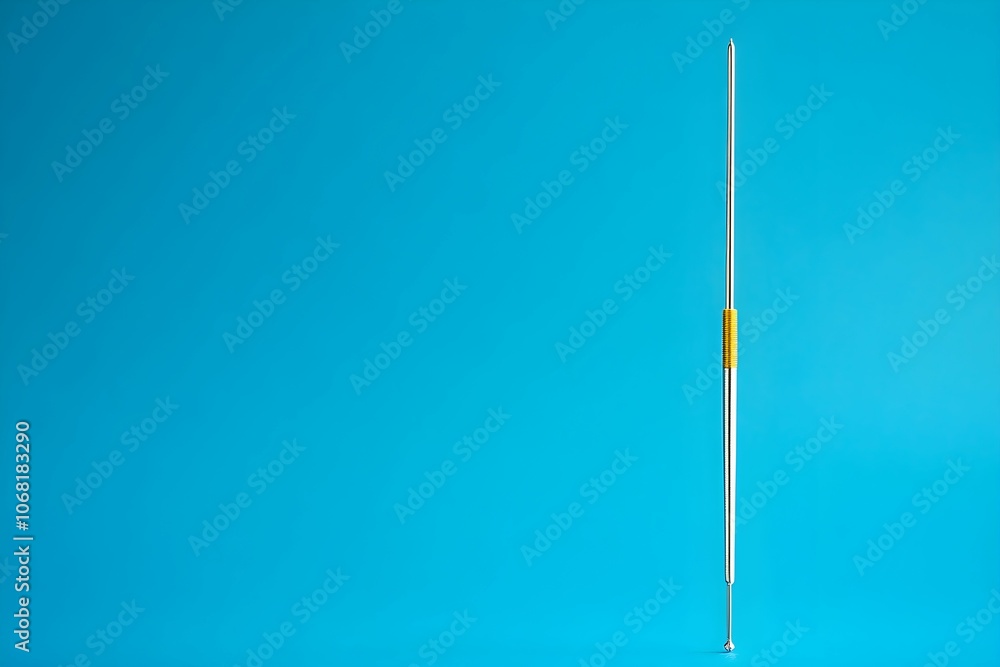 A slim, vertical needle stands against a bright blue background, showcasing its shiny metallic surface and minimalistic design. A slim, vertical needle stands against a bright blue background, showcasing its shiny metallic surface and minimalistic design.