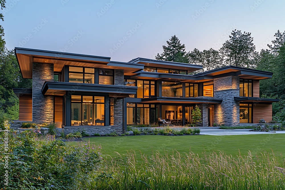 Modern House with Stone Facade and Large Windows Photo Modern House with Stone Facade and Large Windows Photo