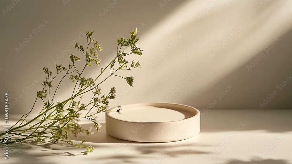 Minimalist botanical background with copy space. Neutral toned showcase for new product demonstration, promotion sale, packaging presentation, cosmetic or merchandise. Light and shadow. Minimalist botanical background with copy space. Neutral toned showcase for new product demonstration, promotion sale, packaging presentation, cosmetic or merchandise. Light and shadow.