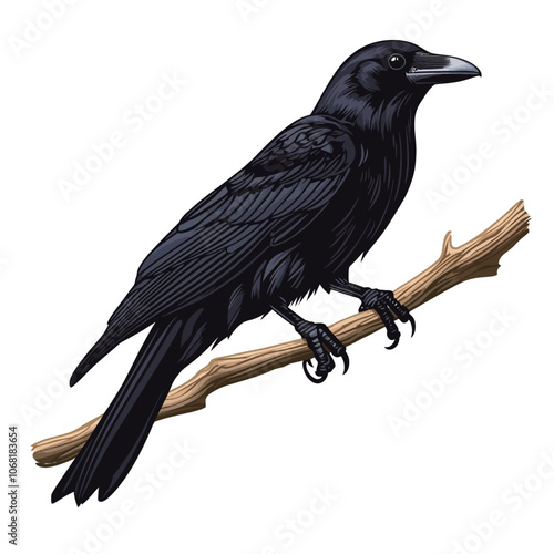 Black crow on a branch. Vector illustration isolated on white background. 