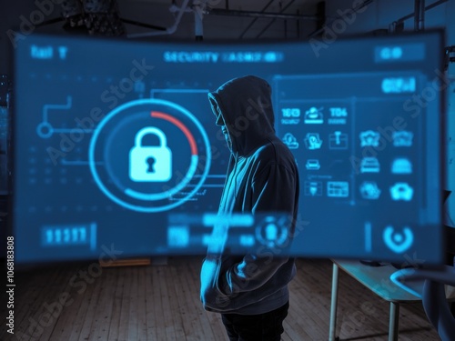 IT Security Professional Standing in Front of Computer Screen Featuring a Lock Icon - Cybersecurity Industry photo