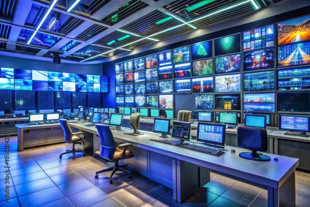a computer room with many monitors and a blue wall with the words the word on it a computer room with many monitors and a blue wall with the words the word on it