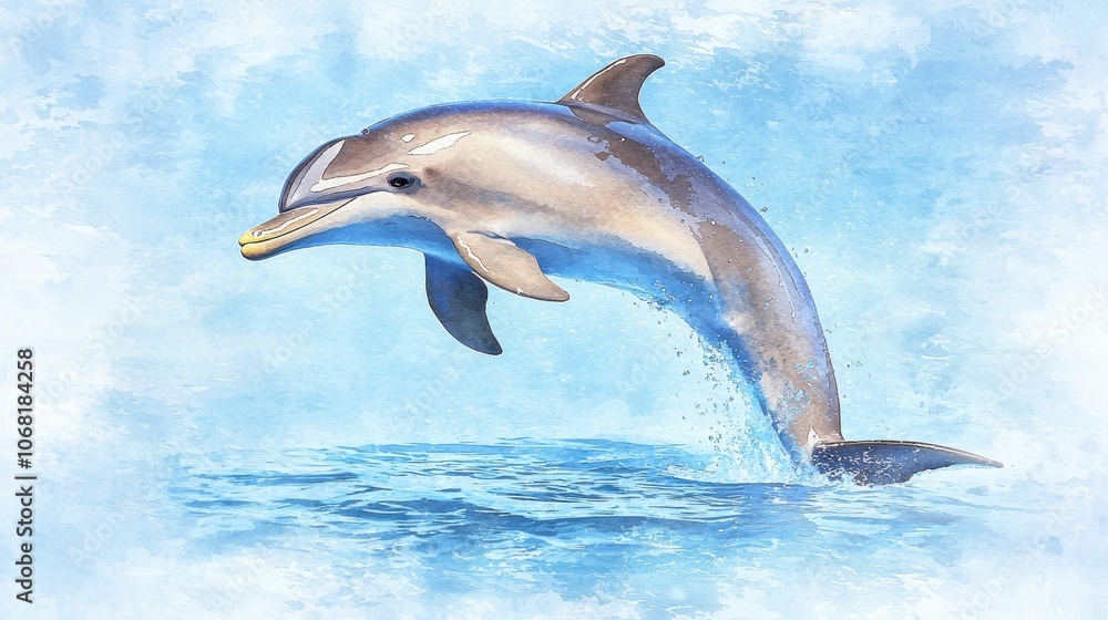 A dolphin gracefully leaps out of the water, showcasing its playful nature against a serene blue background. A dolphin gracefully leaps out of the water, showcasing its playful nature against a serene blue background.