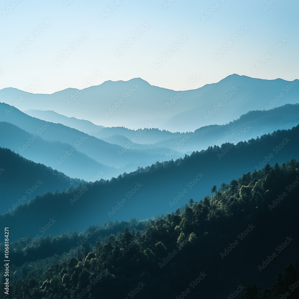 Layers of Blue Mountain Ranges in Misty Morning Light Creating a Serene Landscape Layers of Blue Mountain Ranges in Misty Morning Light Creating a Serene Landscape