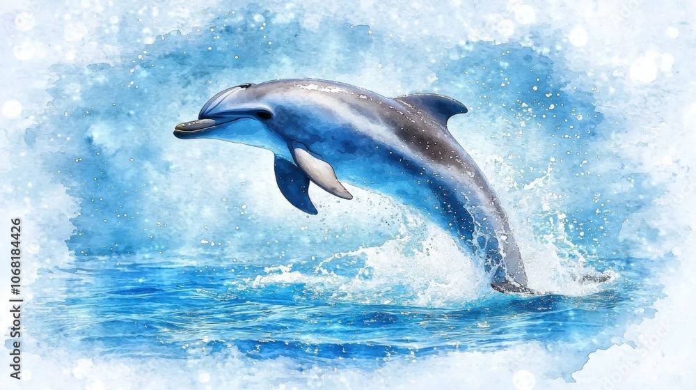 Naklejka premium A vibrant illustration of a dolphin leaping out of the water, surrounded by splashes and a blue background.