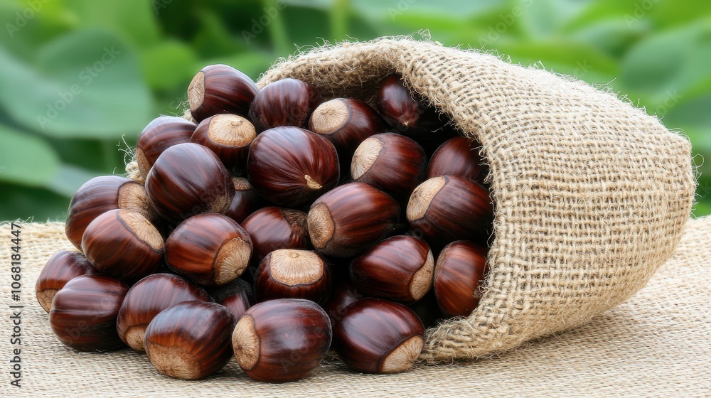 Rustic Chestnuts in Burlap Sack on Farm Background Rustic Chestnuts in Burlap Sack on Farm Background