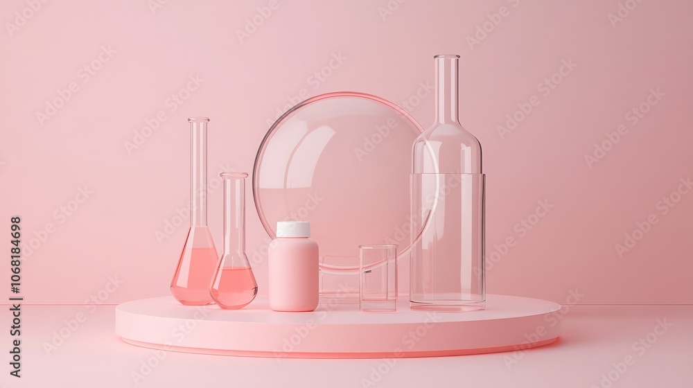 Product display podium and set of laboratory glassware. 3D rendering. 3d illustration. Product display podium and set of laboratory glassware. 3D rendering. 3d illustration.