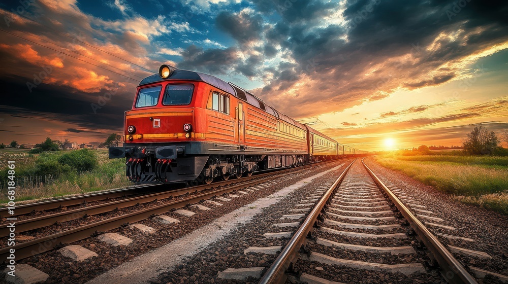 Scenic Locomotive Chugging Through Countryside at Sunset Scenic Locomotive Chugging Through Countryside at Sunset