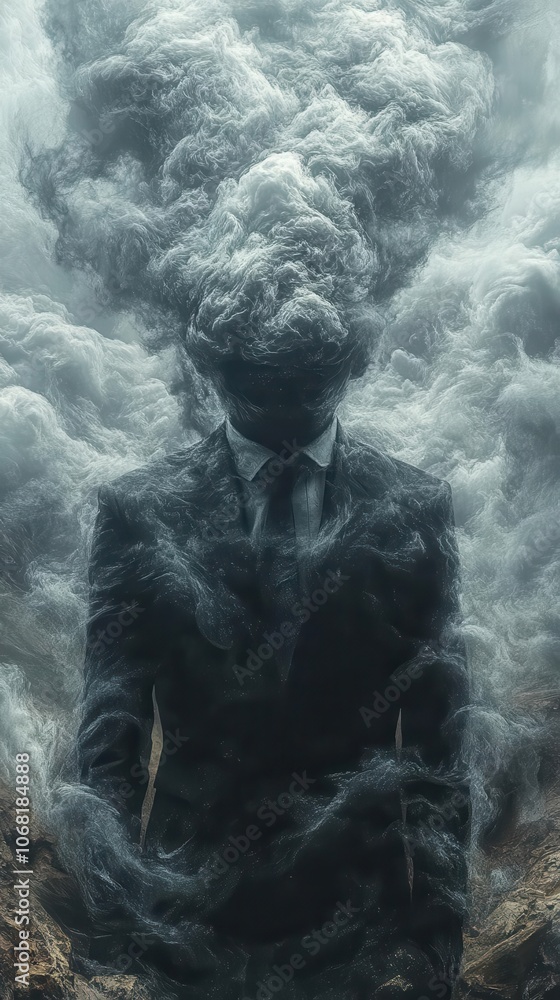conceptual art piece illustrating a businessman standing within his own head surrounded by cloudy thoughts symbolizing stress and mental exhaustion conceptual art piece illustrating a businessman standing within his own head surrounded by cloudy thoughts symbolizing stress and mental exhaustion