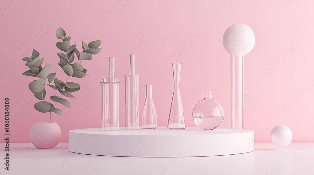 Product display podium and set of laboratory glassware. 3D rendering. 3d illustration. Product display podium and set of laboratory glassware. 3D rendering. 3d illustration.