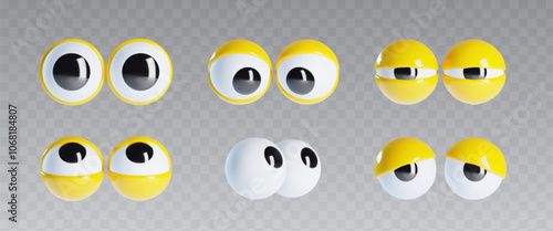 Vibrant 3D googly eyes with bright yellow lids. Oversized playful elements positioned in fun exaggerated way. Cartoon vector set of funny plastic round doll open eyes for animated expression in design