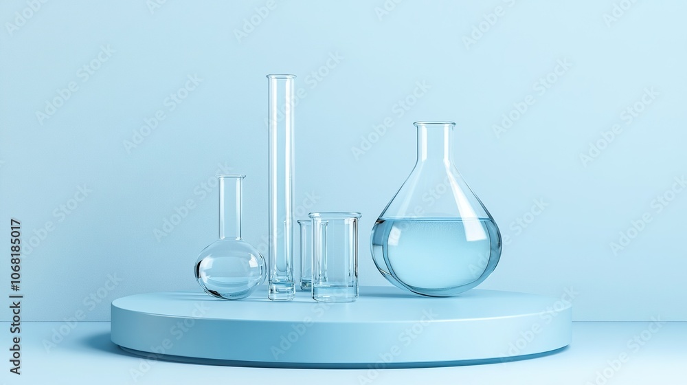 Product display podium and set of laboratory glassware. 3D rendering. 3d illustration. Product display podium and set of laboratory glassware. 3D rendering. 3d illustration.