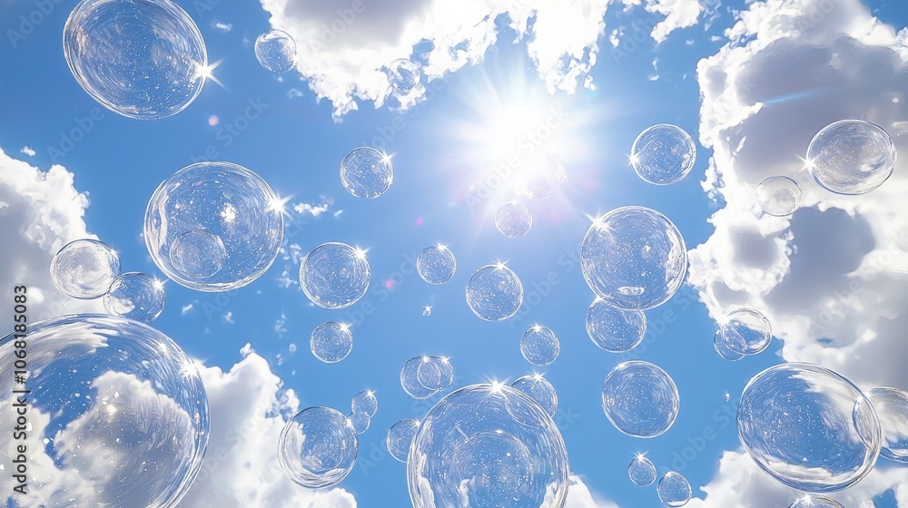 Peculiar image of a sky filled with floating, transparent spheres Peculiar image of a sky filled with floating, transparent spheres