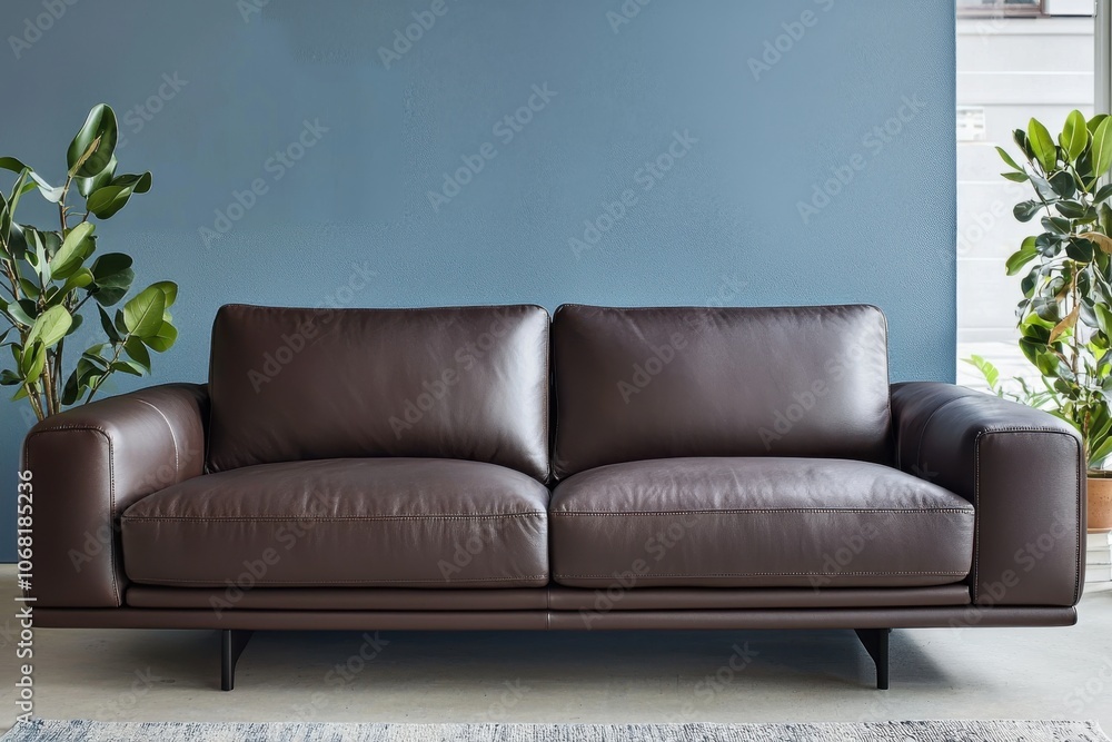 A modern, brown leather sofa is positioned against a blue wall, surrounded by green plants, creating a stylish and inviting living space. A modern, brown leather sofa is positioned against a blue wall, surrounded by green plants, creating a stylish and inviting living space.