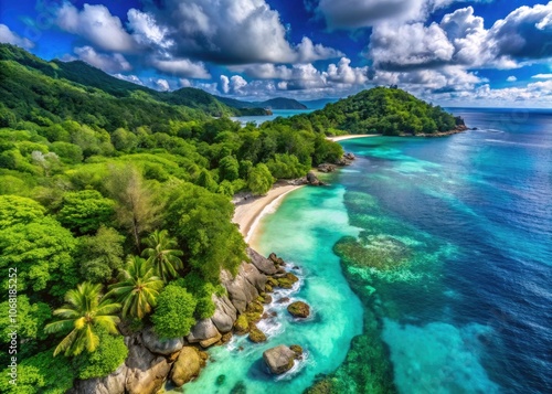 Aerial View of Lazare Coastline in Seychelles - Stunning Baie Beach with Crystal Clear Waters and Lush Takamaka Trees, Perfect for Tropical Getaway and Nature Lovers photo