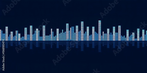 Abstract blue and white equalizer bars on a dark background.