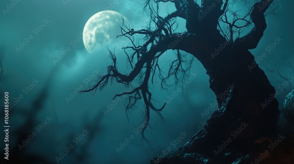 Silhouette of scary Halloween tree on dark foggy toned background with moon on back side. Scary horror winter dead forest at night. selective focus Silhouette of scary Halloween tree on dark foggy toned background with moon on back side. Scary horror winter dead forest at night. selective focus