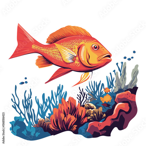 Cartoon vector illustration of a tropical fish on a coral reef. 