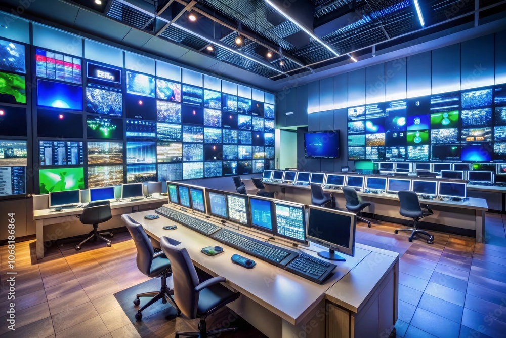 a computer room with a computer and monitors on the wall a computer room with a computer and monitors on the wall