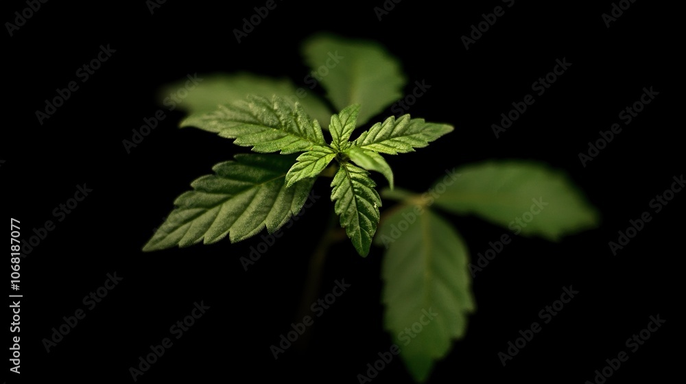Small green marijuana leaves on a black background. Close-up one plant medical cannabis. Small green marijuana leaves on a black background. Close-up one plant medical cannabis.