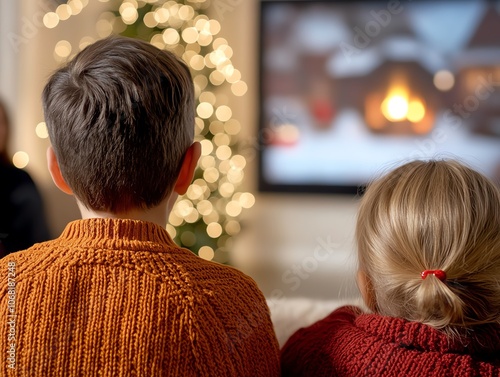 Christmas movies playing with family gathered around, focus on holiday traditions and cozy nights, warm living room photo