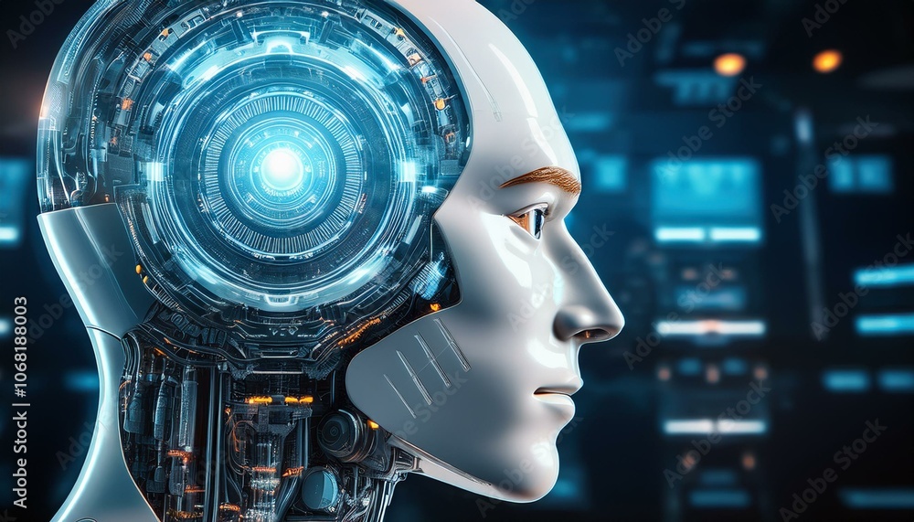 Futuristic Robot Head with Advanced Mechanical and AI Details Futuristic Robot Head with Advanced Mechanical and AI Details