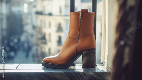 A brown leather ankle boot with a chunky heel and a zipper on the side. The boot is on a windowsill with a blurred city background. photo