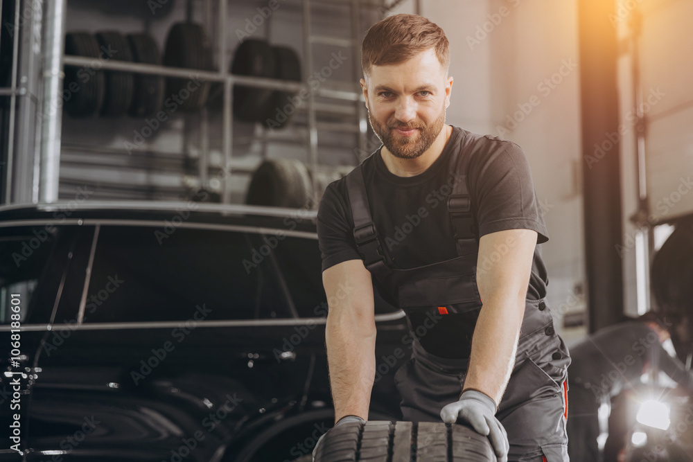 Happy Car Mechanic holding a tire at the repair garage. Replacement of winter and summer tires Happy Car Mechanic holding a tire at the repair garage. Replacement of winter and summer tires