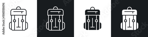 Hiking backpack icon in solid and outlined style. black and white colors