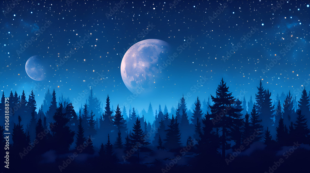 Tranquil Night Sky with Full Moon and Starry Stars over Serene Forest Landscape Tranquil Night Sky with Full Moon and Starry Stars over Serene Forest Landscape