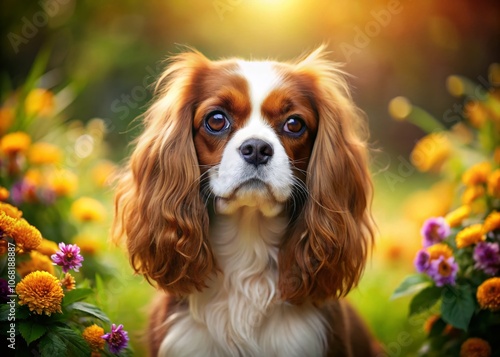 Charming Portrait of a Cavalier King Charles Spaniel with High Depth of Field Showcasing Its Beautiful Coat and Expressive Eyes in a Natural Outdoor Setting photo