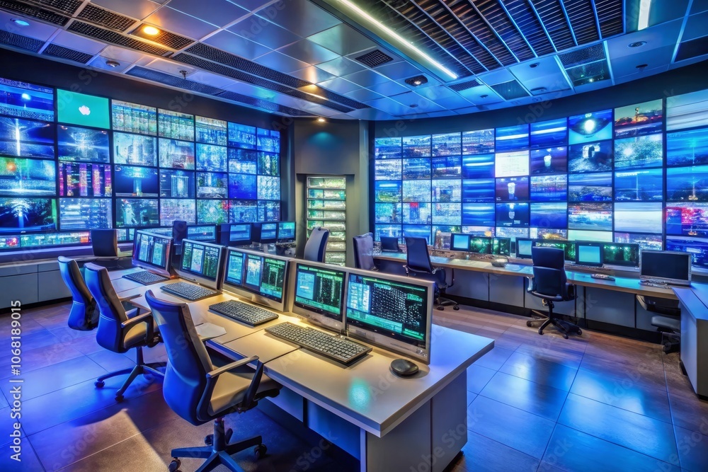 a computer room with a computer and monitors on the wall a computer room with a computer and monitors on the wall