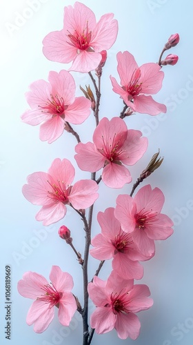 delicate pink cherry blossoms cascading against a pristine white background capturing the essence of springtime beauty and transience in a minimalist style