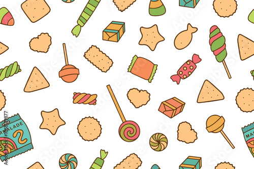 Seamless pattern with colorful candies, cookies and sweets on a white background. Texture for banners, wallpaper, textile, wrapping paper, confectionery or children's party. Vector. 