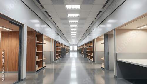 Empty hallway in modern office business building with cubicles and shelves highlighted by white, png