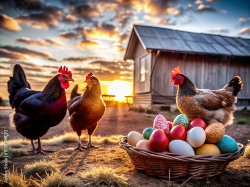 Cinematic Silhouette Photography of Free-Range Hens Foraging on a Farm with Colorful Eggs Collected Daily and Sold at the Farm Store in a Rustic Setting photo