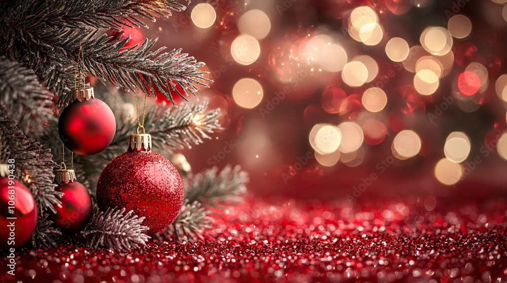 Christmas Tree In Red Shiny Glittering Background - Baubles Hanging On Fir With Abstract Lights Christmas Tree In Red Shiny Glittering Background - Baubles Hanging On Fir With Abstract Lights