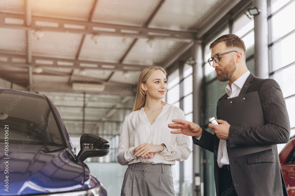 Car Sales Manager Showing Auto To Caucasian Lady Buyer Standing In Luxury Automobile Dealership Store. Buying Vehicle Concept Car Sales Manager Showing Auto To Caucasian Lady Buyer Standing In Luxury Automobile Dealership Store. Buying Vehicle Concept