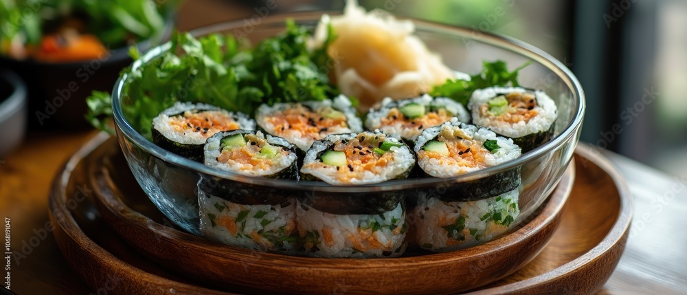Fresh sushi rolls in a glass bowl with salad and pickled ginger. Fresh sushi rolls in a glass bowl with salad and pickled ginger.