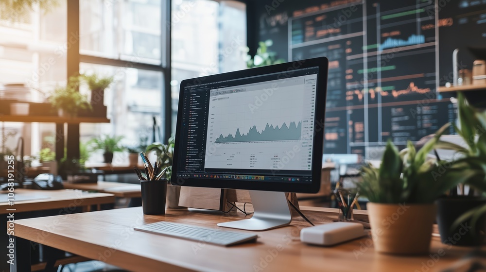 A modern workspace with a computer displaying analytics graphs and lush plants in a sunny office setting A modern workspace with a computer displaying analytics graphs and lush plants in a sunny office setting