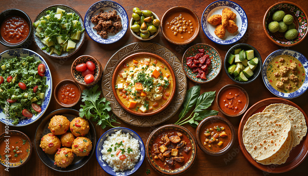Colorful Middle Eastern mezze spread on wooden table Colorful Middle Eastern mezze spread on wooden table