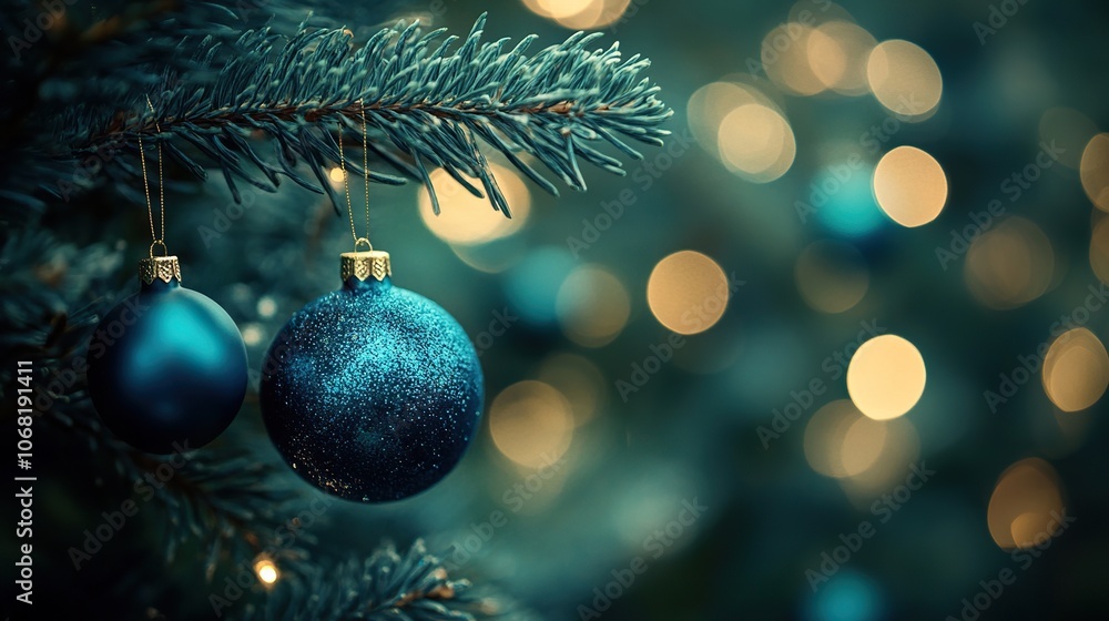 Christmas Tree With Ornaments In Blue And Defocused Lights - Baubles Hanging On Fir Branches With Glittering In Abstract Background Christmas Tree With Ornaments In Blue And Defocused Lights - Baubles Hanging On Fir Branches With Glittering In Abstract Background