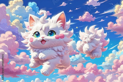 A white cat is sitting on a cloud with pink and blue skies